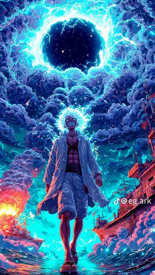 Ảnh nền One Piece nhân vật bước vào cổng năng lượng xanh, mood siêu thực, hợp ai thích tối bí.