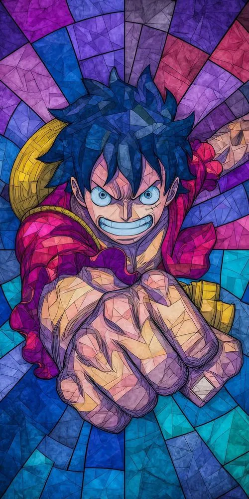 Hình nền One Piece phong cách kính màu, Luffy tông tím, viền sáng nổi, làm avatar nhìn rất khác.