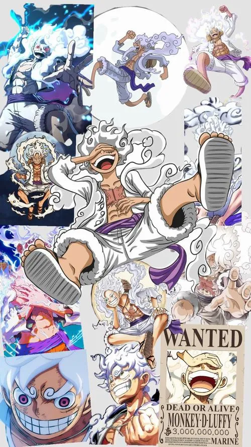 Ảnh nền One Piece tông trắng, poster truy nã và nét chibi, hợp ai thích nền sạch mà có điểm.