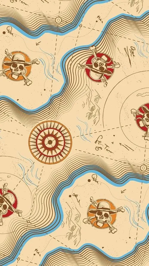 Nền điện thoại One Piece bản đồ cổ và la bàn, vibe khám phá Grand Line, nhìn gọn mà có chuyện.