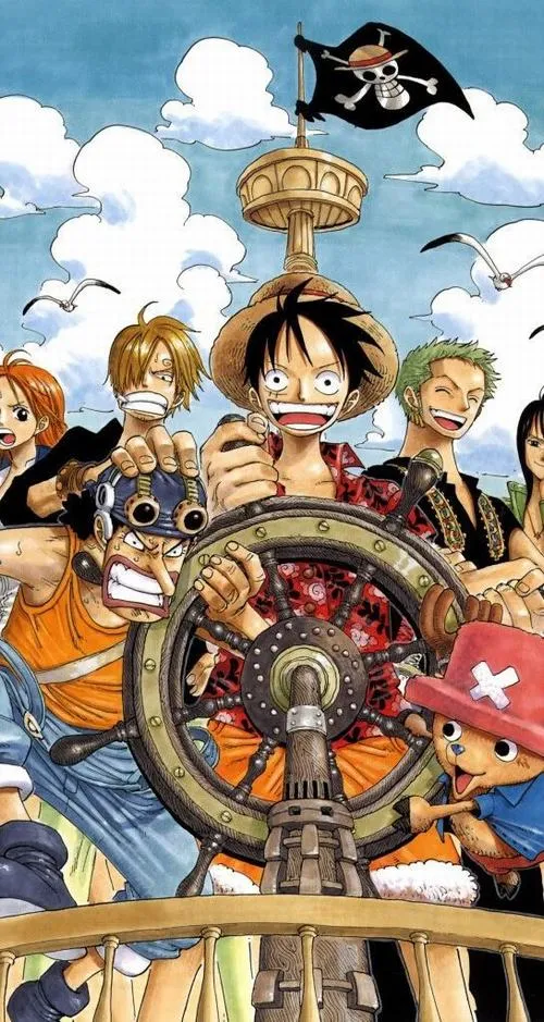 Hình nền One Piece cảnh thuyền và mây trắng, nắng trong, cảm giác bình yên giữa hành trình.