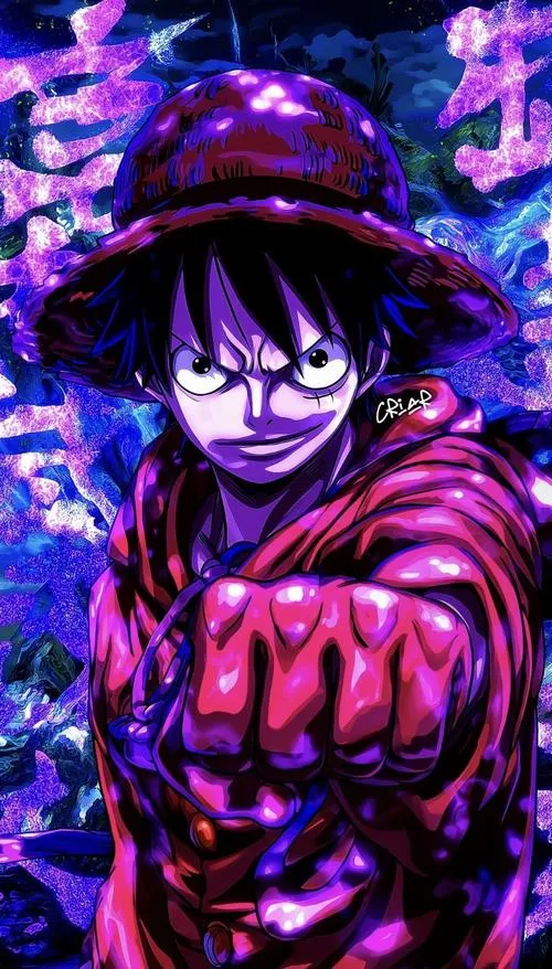 Ảnh nền One Piece Luffy tông tím đậm tung cú đấm, tương phản gắt, hợp ai mê năng lượng chiến đấu.