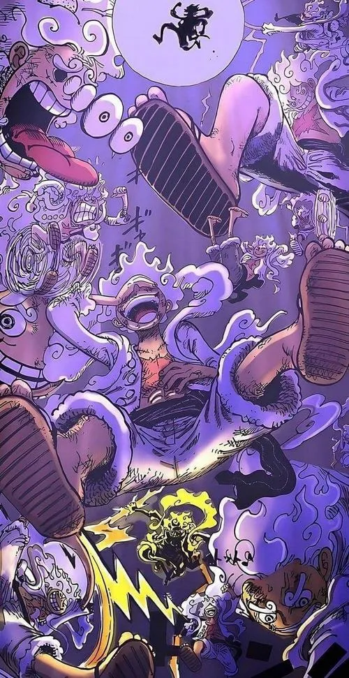 Ảnh nền One Piece gam tím huyền, quái thú và sấm điện cuộn, hợp ai thích mood bí ẩn.