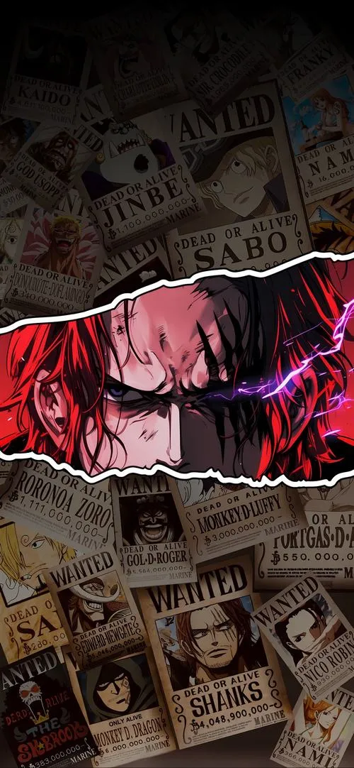 Hình nền One Piece nền báo và truy nã tông tối, điểm đỏ nổi, hợp ai thích mood bí ẩn trưởng thành.