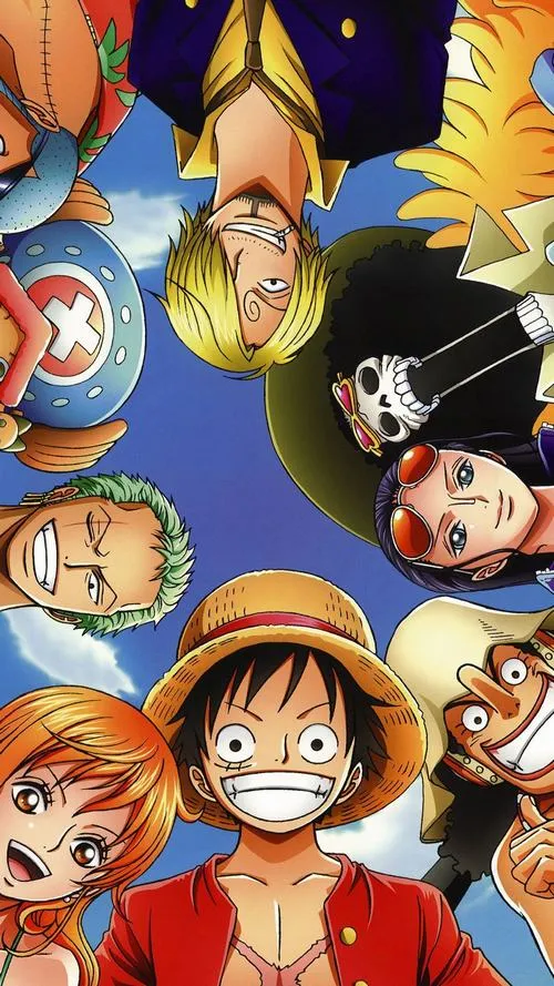 Ảnh nền One Piece collage gương mặt hài hước, màu tươi, mở điện thoại lên thấy tinh thần đồng đội.
