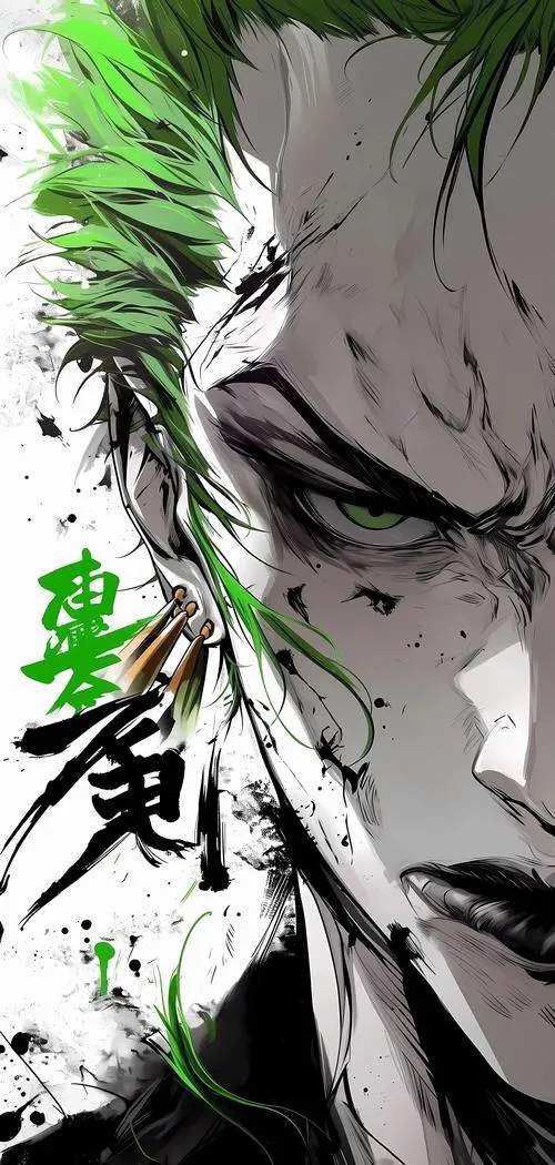 Hình nền One Piece chân dung kiếm sĩ tông đen trắng, tóc xanh nổi nhẹ, khí chất lạnh đúng kiểu ngầu.