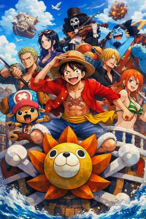 Nền điện thoại One Piece cảnh băng Mũ Rơm quây quanh, chi tiết dày, cảm giác gia đình rõ rệt.