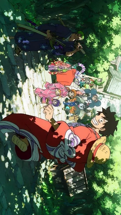 Hình nền One Piece khung rừng xanh và ánh nắng rơi, không khí yên, hợp người thích nền dịu.