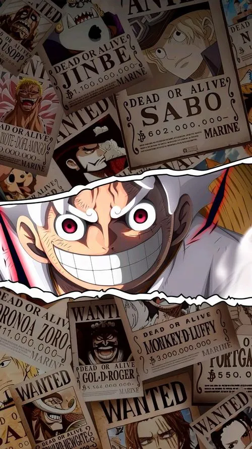 Hình nền One Piece collage truy nã tông nâu, gợi ký ức Marineford, chất bụi bặm và dữ dội.