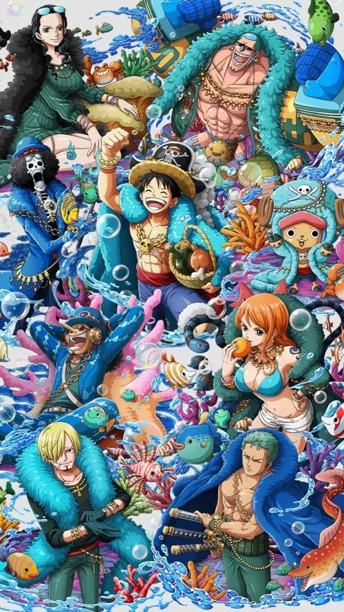 Nền điện thoại One Piece cảnh băng Mũ Rơm tụ hội rực rỡ, màu bùng nổ, năng lượng phiêu lưu.