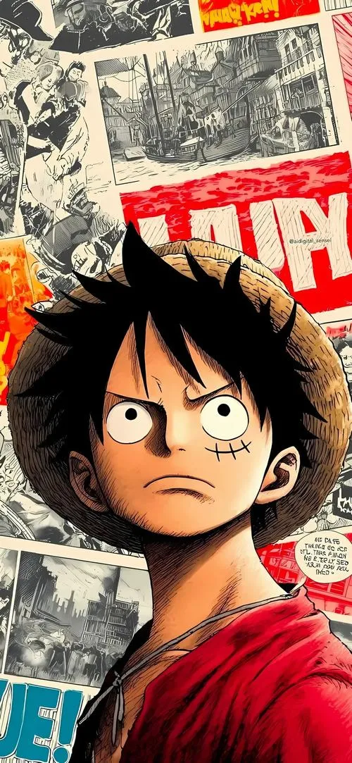 Nền điện thoại One Piece Luffy nhìn nghiêng trước tường poster, nét mặt cứng, đúng chất chiến binh.
