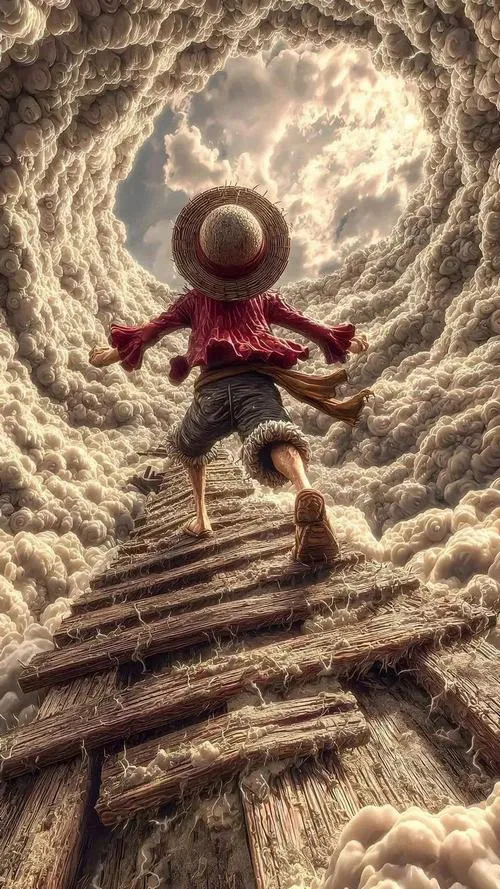 Hình nền One Piece bóng lưng mũ rơm trên bậc thang gió bụi, cảm giác hành trình dài bất tận.