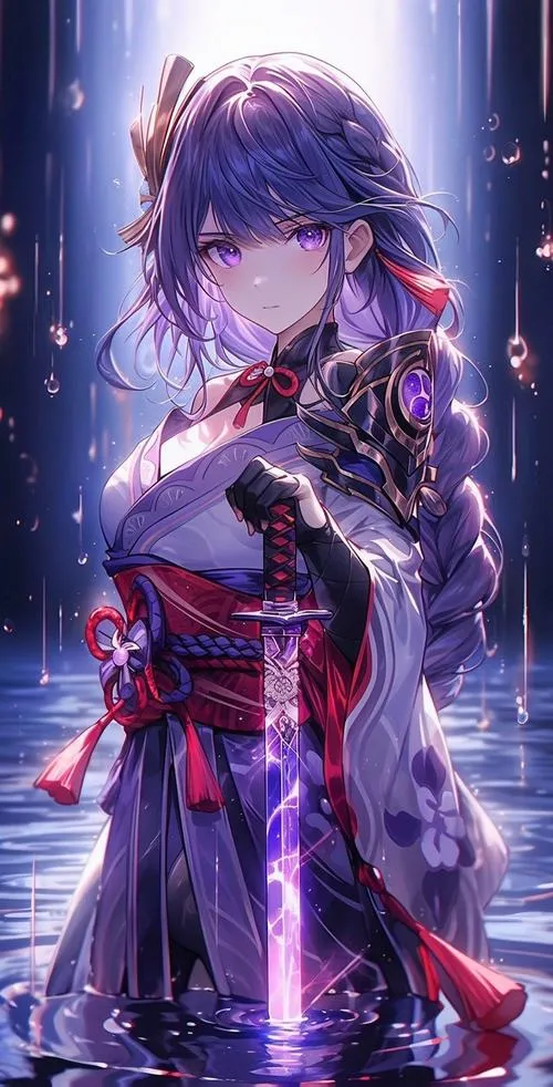 Hình Raiden Shogun ngầu kiểu tối giản, chỉ nhấn Mitsuomoe và ánh lôi chạy dọc lưỡi kiếm