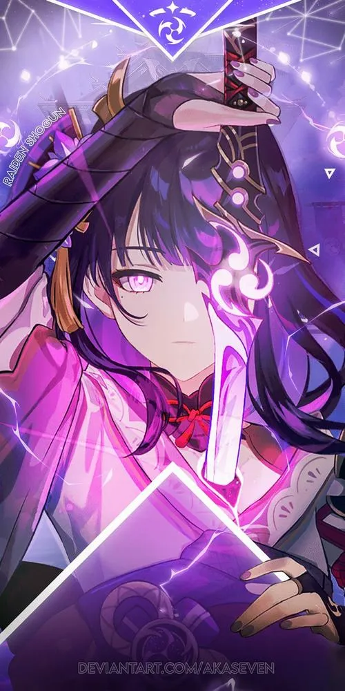 Ảnh Raiden Shogun ngầu, nền torii đỏ, tia sét chạy ngang, ánh mắt tím sắc lạnh