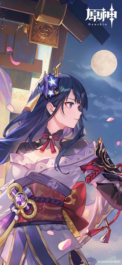 Hình nền điện thoại Lôi Thần Inazuma với tông tím sạch, hạt lôi bay, ánh sáng dịu mắt