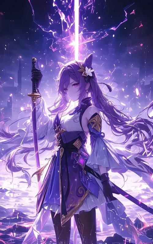 Ảnh fanart Raiden Ei rút kiếm từ lồng ngực, Vô Nghĩ Đao lóe sáng, mood phán xét rõ