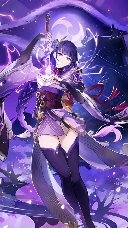 Hình nền đẹp Raiden Shogun với kimono cách tân, thắt lưng gọn, họa tiết Mitsuomoe rõ