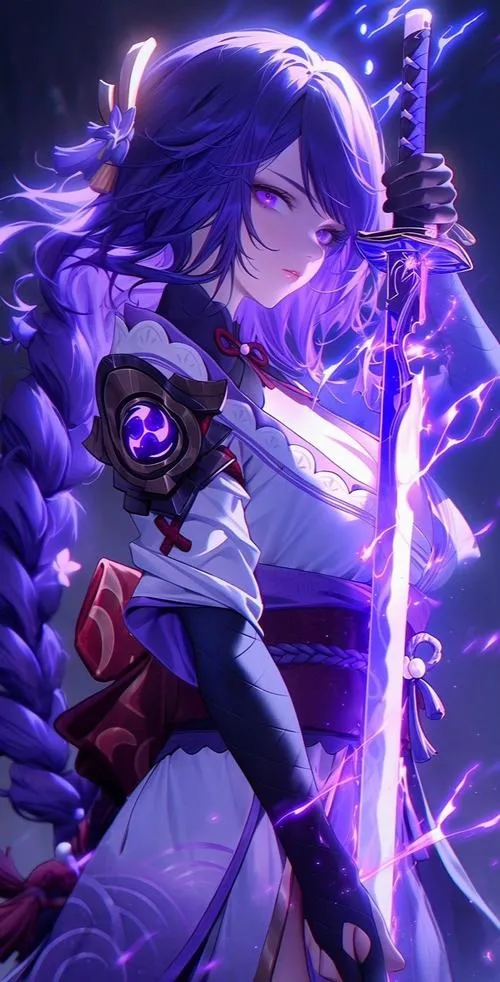 Ảnh nền Raiden Ei đứng uy nghiêm, huy hiệu Mitsuomoe nổi bật, tia sét lôi đình quanh tay