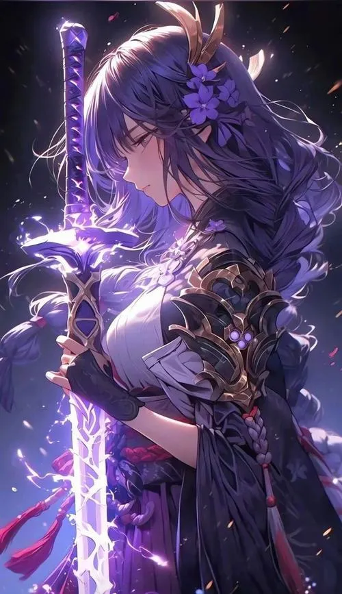 Hình Raiden Ei anime tạo mood vĩnh hằng, không khí tĩnh thổ, hiệu ứng hạt lôi bay nhẹ