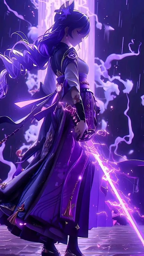 Ảnh nền đẹp Raiden Ei với Mitsuomoe trên áo, ánh lôi quanh kiếm, vibe tĩnh thổ rõ ràng