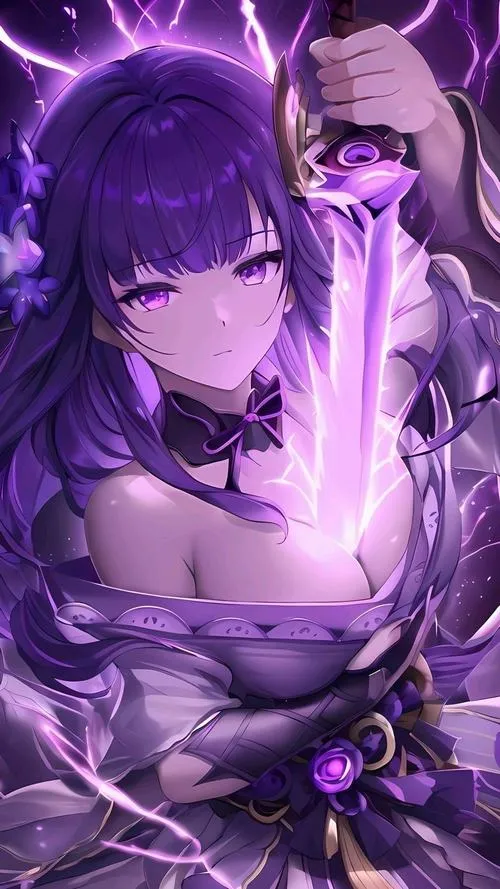 Ảnh fanart Lôi Thần Inazuma trong khung cảnh đền, torii mờ, tia sét rạch nền trời