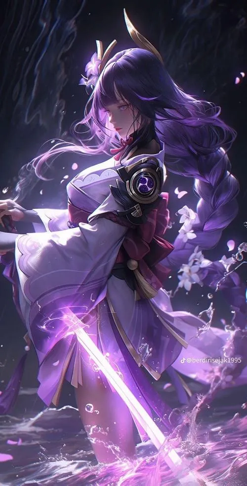 Ảnh fanart Raiden Shogun rút Vô Nghĩ Đao, khoảnh khắc phán xét, nền đền Narukami