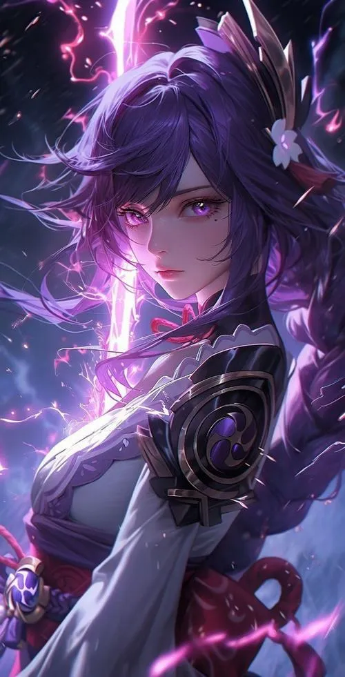 Hình nền điện thoại Shogun Lôi cận mặt, nốt ruồi dưới mắt phải, ánh tím phát sáng dịu