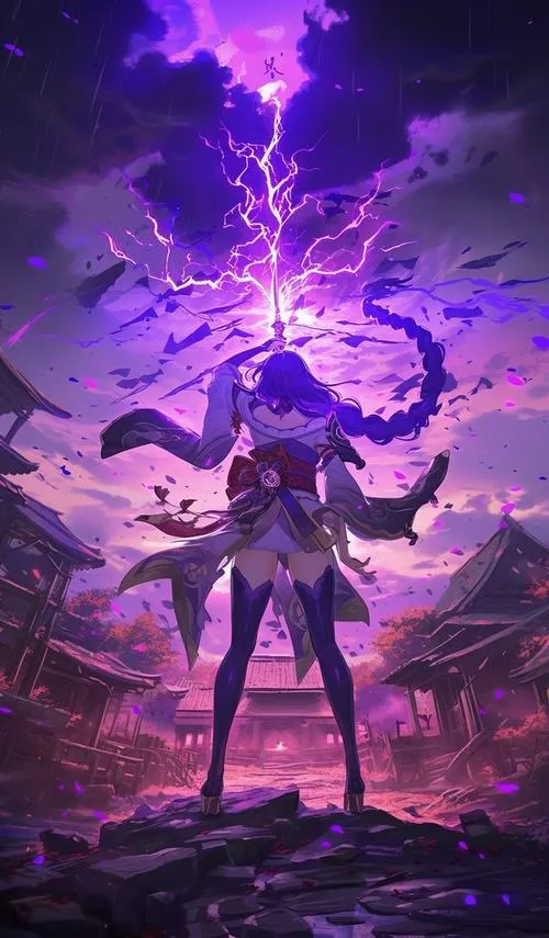 Hình nền anime Raiden Shogun tạo cảm giác quân vương, kimono tím sang, ánh điện điểm nhẹ