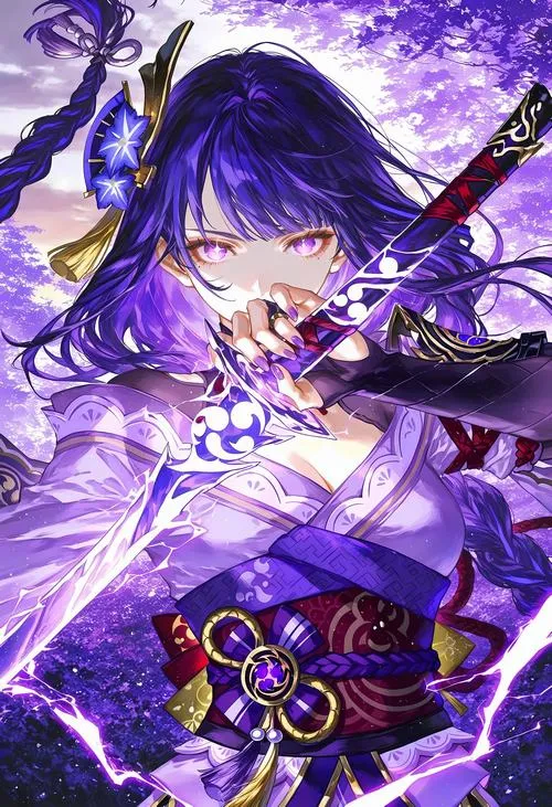 Hình Raiden Ei anime phong cách nghệ thuật, màu tím đậm, điểm sáng ở mắt và kiếm