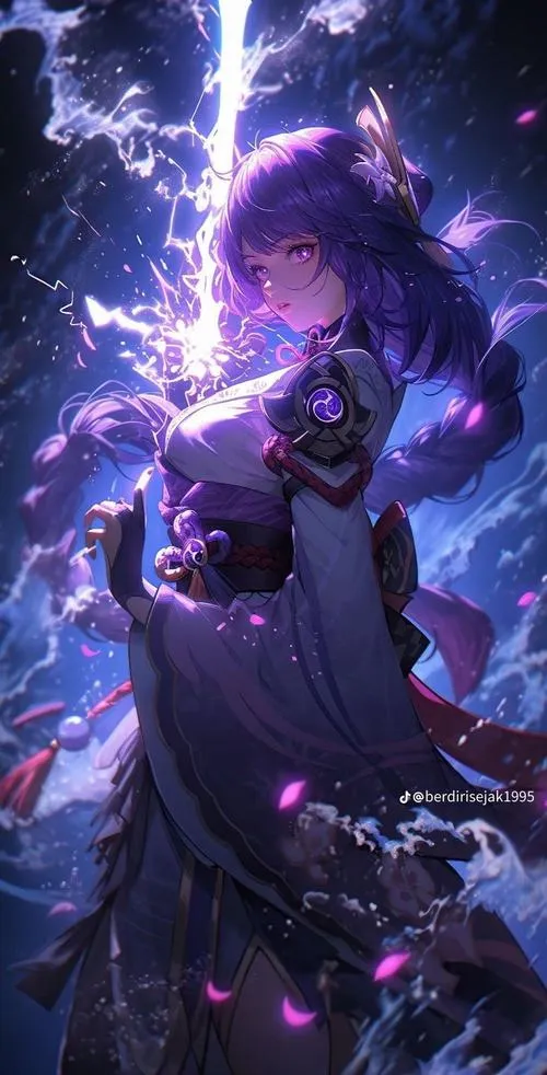 Hình nền 4K Raiden Shogun chém một nhát lôi đình, tia sét tỏa rộng, nền tối sâu