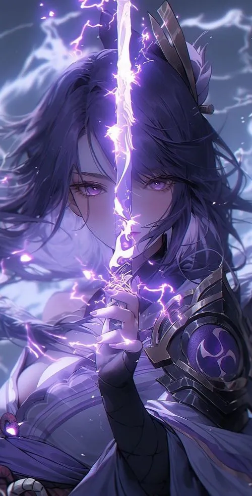 Ảnh bìa Raiden Shogun full body, kimono cách tân sang, tóc tết gọn, nền cổng torii