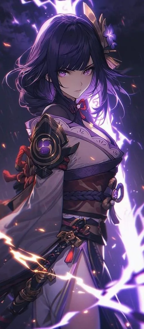 Hình nền điện thoại Shogun Lôi với đuôi tóc phát sáng, hạt lôi lấp lánh, bố cục thoáng