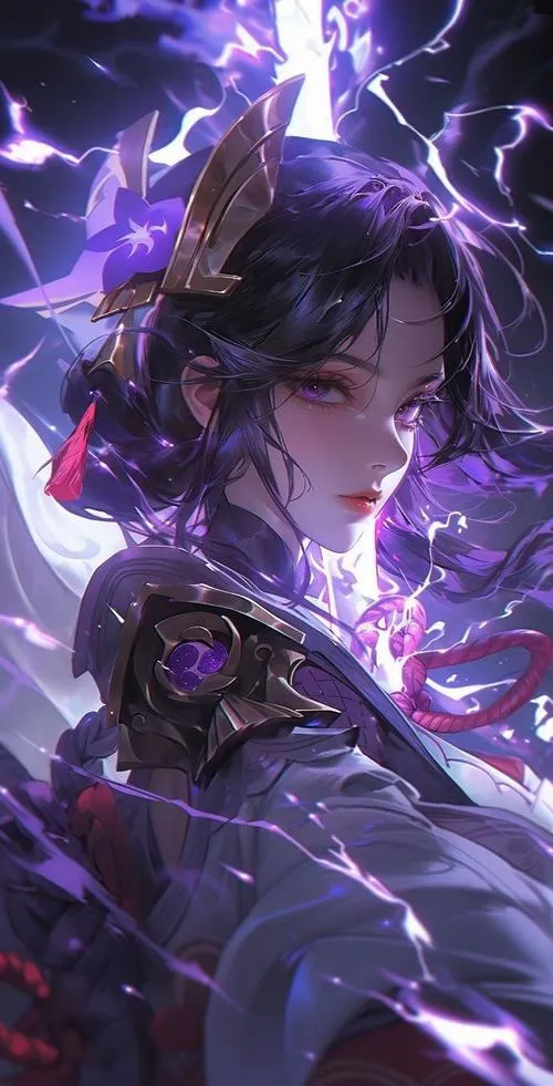 Ảnh nền 4K Lôi Thần Inazuma nhìn nghiêng, ánh mắt lạnh, tia sét xé nền trời tối