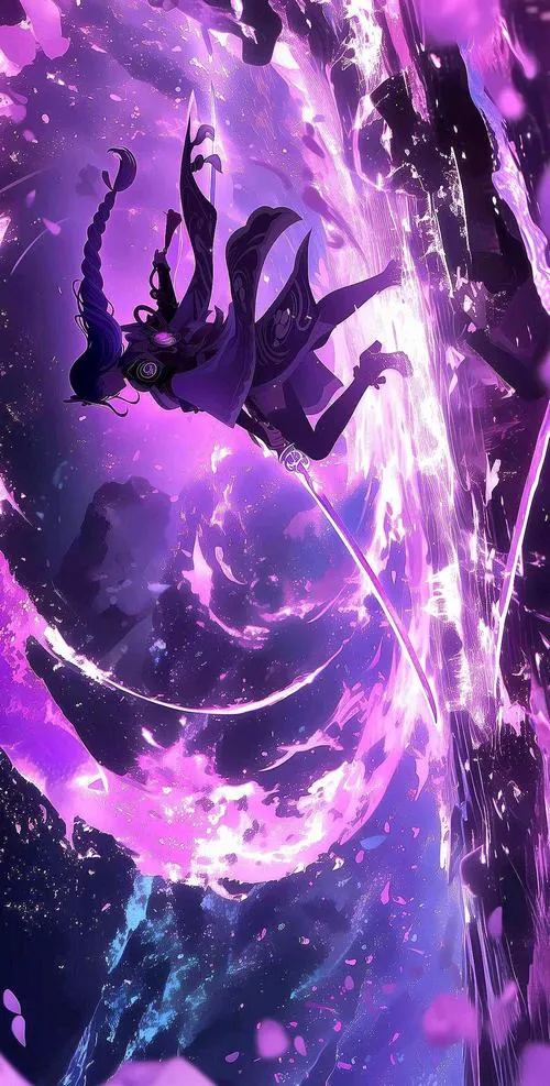 Hình nền PC Raiden Ei đẹp lạnh, kimono tím sang, ánh mắt quân vương, nền Inazuma mờ xa