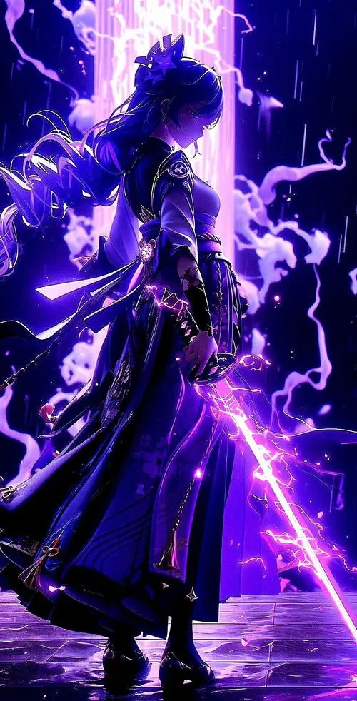 Hình nền 4K Raiden Shogun cận chi tiết họa tiết anh đào, đường viền áo sắc nét