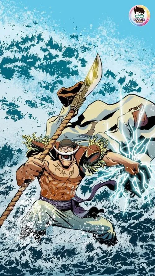 Hình nền Râu Trắng lao qua sóng lớn, áo choàng trắng bay, vibe biển động ngầu.