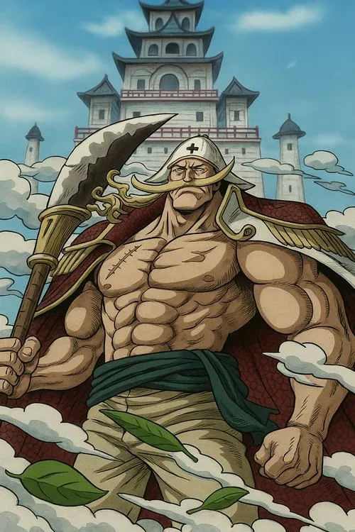 Ảnh fanart thuyền trưởng băng Râu Trắng ngồi trước thành, không khí trầm, rất điện ảnh.