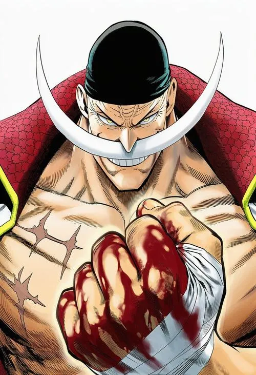 Hình nền Râu Trắng cận thân, máu đỏ trên ngực, ánh nhìn cứng, chất Marineford.