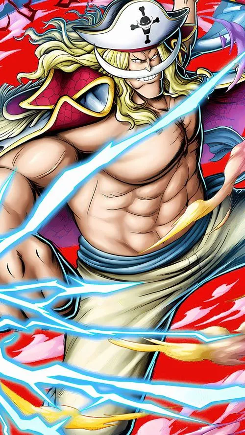 Ảnh fanart Edward Newgate khoe cơ bắp, màu rực, ria mép trăng lưỡi liềm nổi.