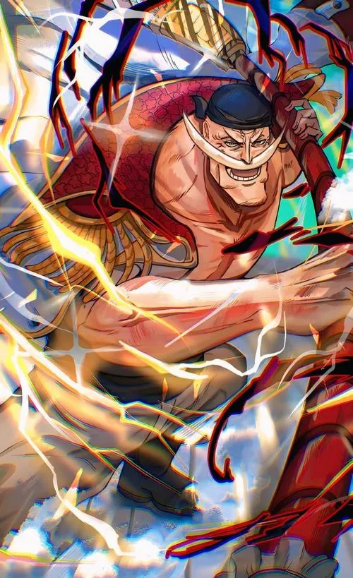 Ảnh anime thuyền trưởng băng Râu Trắng tông tím lạnh, haki bùng lên đầy uy.