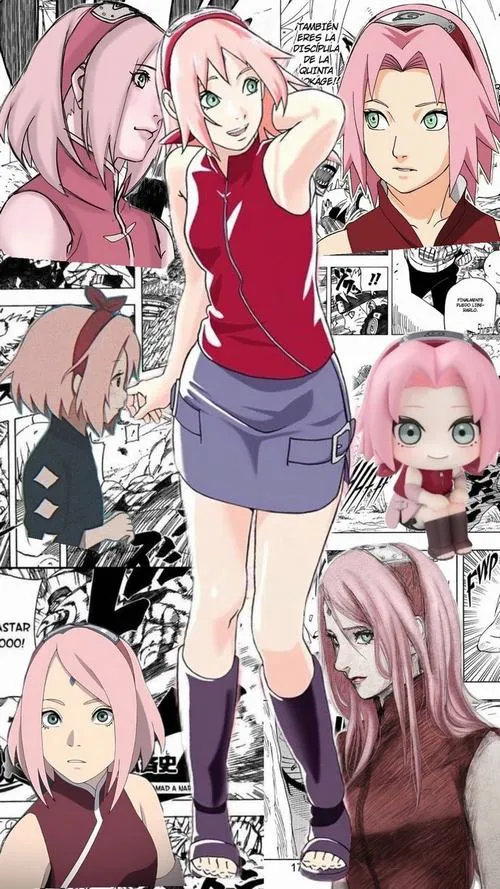 Hình Sakura Haruno dạng collage nhiều biểu cảm, tóc hồng nổi bật, hợp làm nền điện thoại vui tươi.
