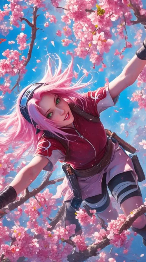 Avatar nữ ninja Làng Lá trong tư thế chiến đấu, nền động lực bùng nổ, nhìn là thấy quyết tâm.