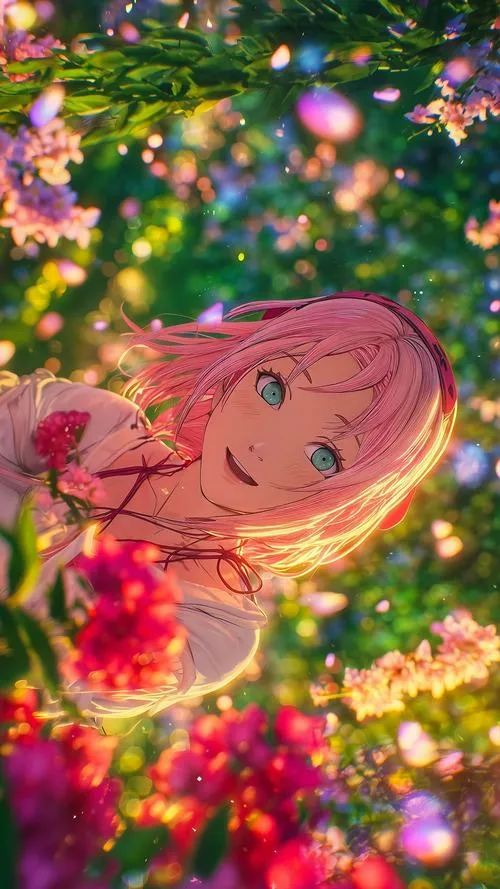 Hình nền Sakura Haruno tạo hình trừu tượng, vòng năng lượng đỏ đen, cảm giác bí ẩn và mạnh mẽ.