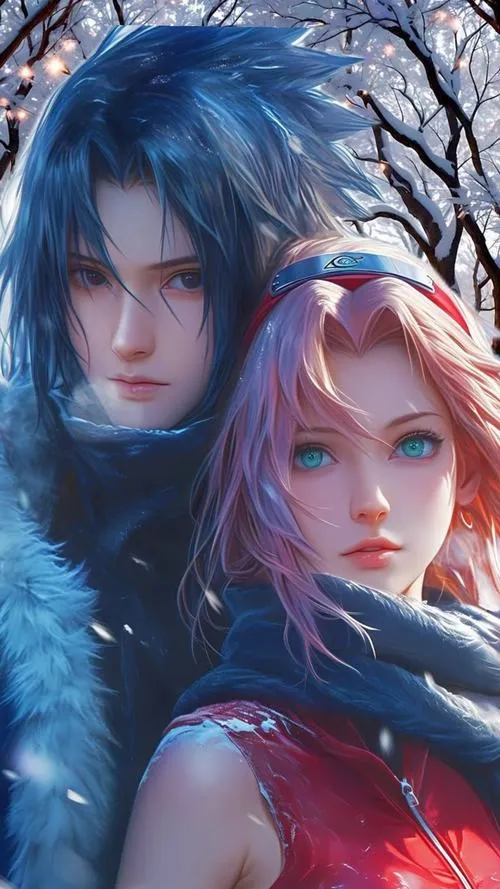 Ảnh bìa Sakura Haruno và Sasuke giữa khung hoa anh đào nở, tông hồng trong trẻo, mood chữa lành rõ rệt.