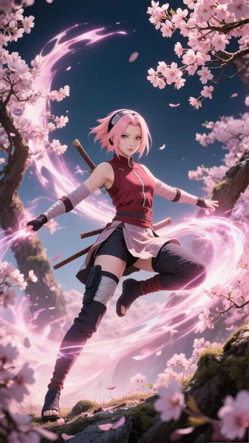 Ảnh nữ ninja tóc hồng đứng dưới ánh trăng đỏ, tay cầm vũ khí, vibe kiên định và hơi u tối.