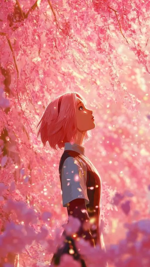 Hình đẹp Sakura Haruno cận mặt có dấu ấn bách hào, ánh nhìn chắc, nền rừng mờ phía sau.