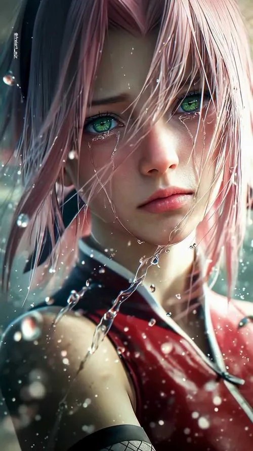 Hình anime cô gái tóc hồng cầm năng lượng xanh, nền tím hồng bùng sáng, đúng chất hành động.