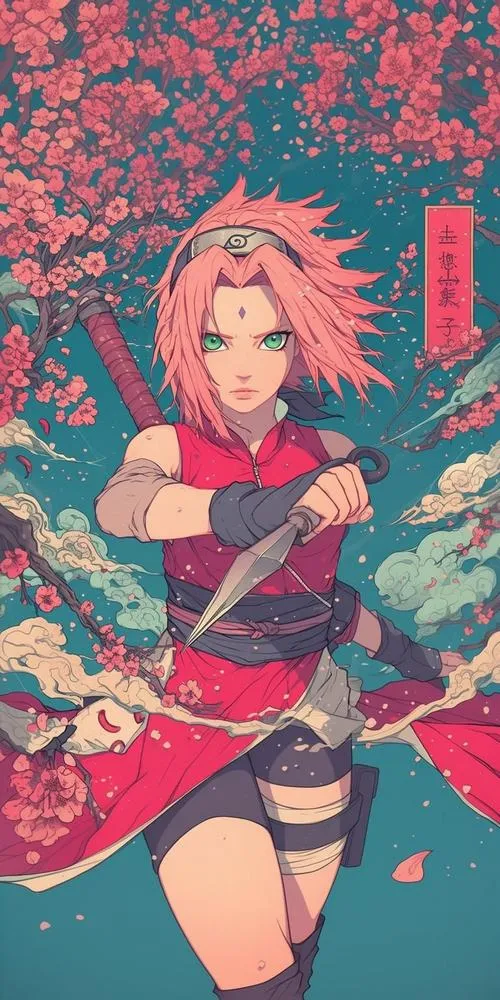 Hình nền Sakura Haruno phong cách poster đỏ trắng, băng trán Làng Lá nổi, cảm giác mạnh mẽ.