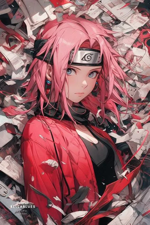 Ảnh ngầu nữ nhẫn giả tóc hồng giữa nền hoa dày, phối màu đỏ xanh lạ mắt, nhìn lâu không chán.