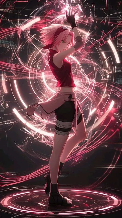 Ảnh 4K Sakura Haruno phối ánh sáng kịch tính, hiệu ứng năng lượng tím, cảm giác như cảnh phim.